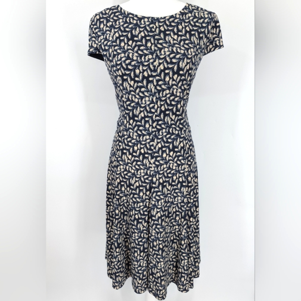Laura Jeffries Navy Blue Cream Floral Leaf Print A-Line Short Sleeve Dress 12